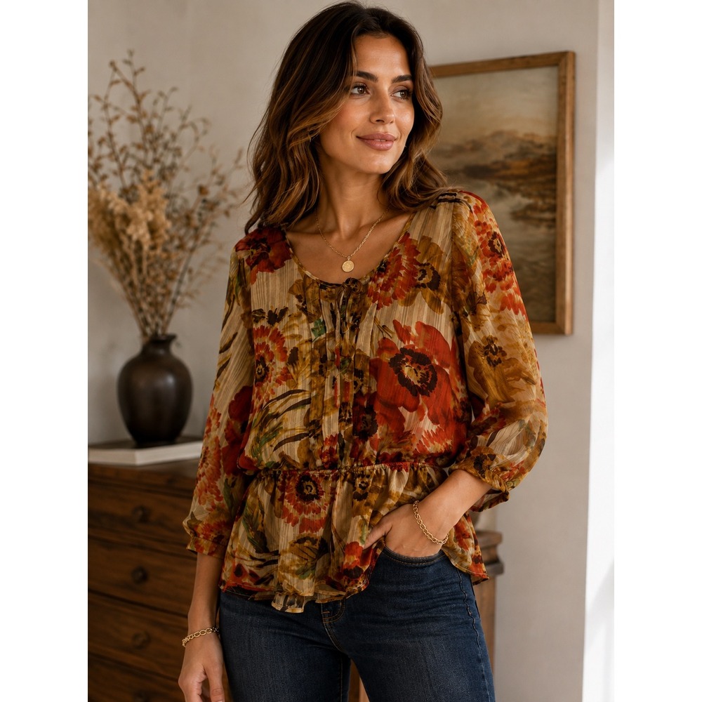 Ellen Tracy Floral Peplum Blouse Orange Tan Metallic Stripe Tie Neck Top Fall M